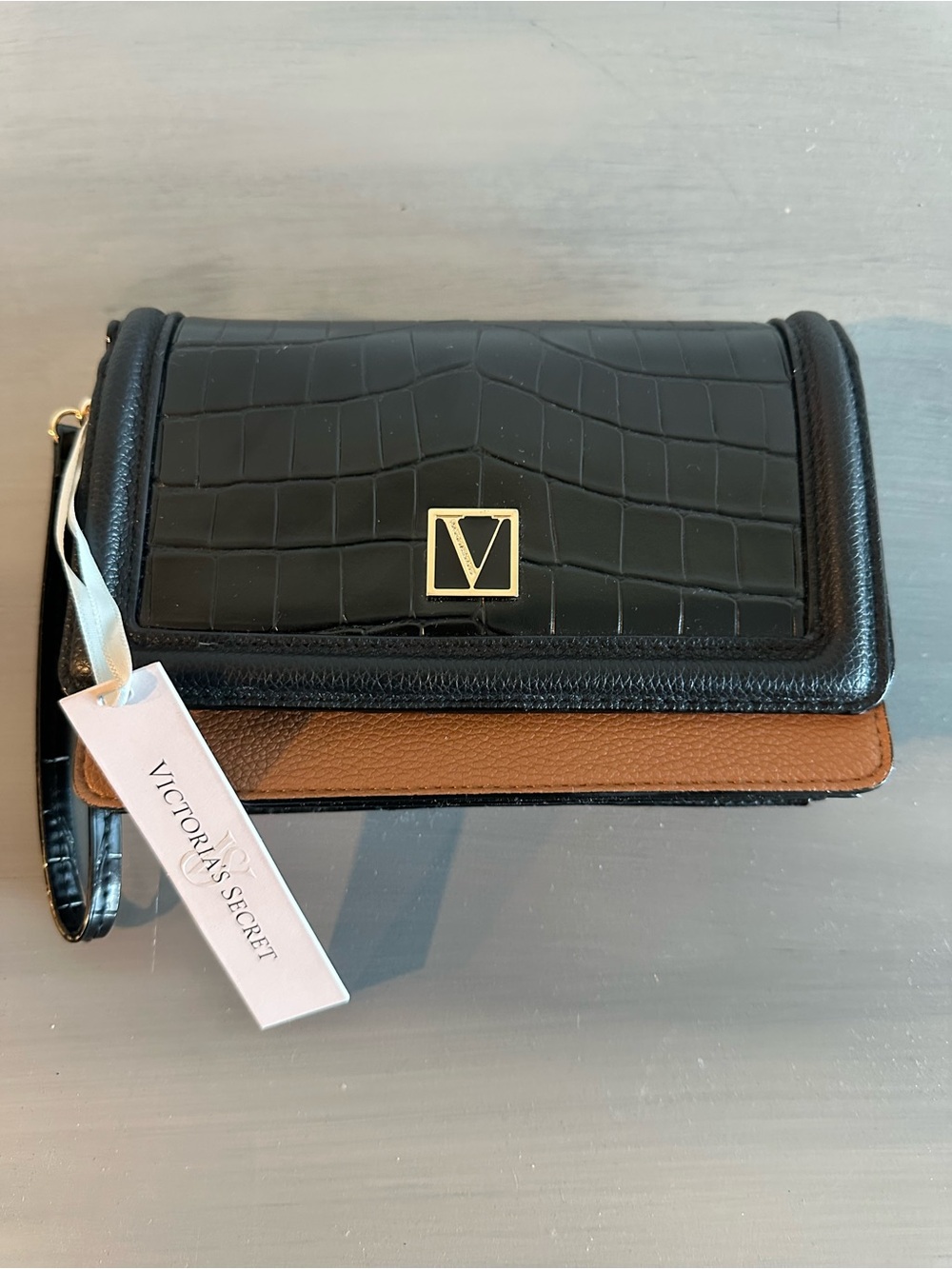 Victoria's Secret Black Croc-Embossed Wristlet with Brown Trim